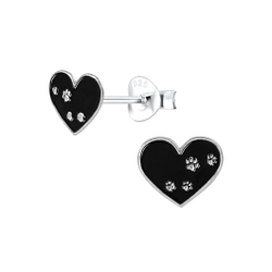 Silver Paw Print Heart Stud Earrings - 1995
