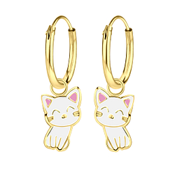 Silver Cat Charm Hoop Earrings - 2576