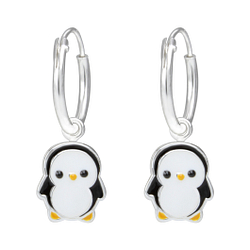Silver Penguin Charm Hoop Earrings - 1986