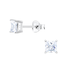 4mm Square Cubic Zirconia Silver Stud Earrings - 2053