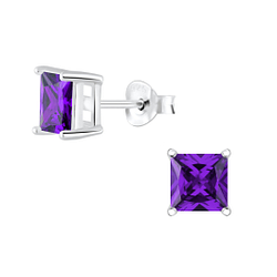 6mm Square Cubic Zirconia Silver Stud Earrings - 2055