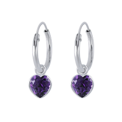 4mm Heart Cubic Zirconia Silver Charm Hoop Earrings - Wholesale - 2253