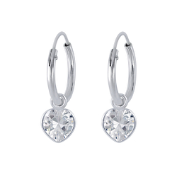 4mm Heart Cubic Zirconia Silver Charm Hoop Earrings - 2253