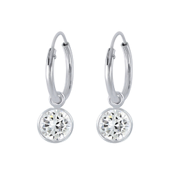 6mm Round Cubic Zirconia Silver Charm Hoop Earrings - 2308
