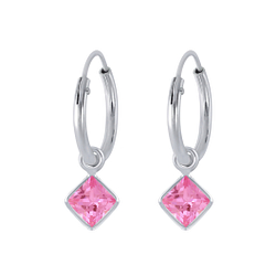 4mm Square Cubic Zirconia Silver Charm Hoop Earrings - 2244 4mm Square Cubic Zirconia Silver Charm Hoop Earrings - 2244