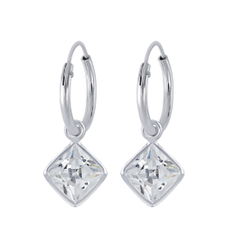6mm Square Cubic Zirconia Silver Charm Hoop Earrings - 2245
