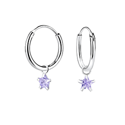 4mm Star Cubic Zirconia Silver Charm Hoop Earrings - Wholesale - 2246