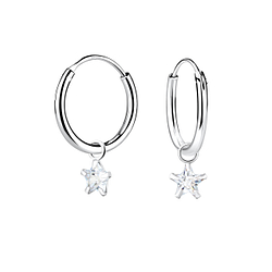 4mm Star Cubic Zirconia Silver Charm Hoop Earrings - 2246