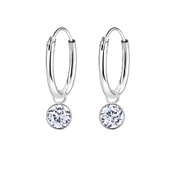 4mm Round Cubic Zirconia Silver Charm Hoop Earrings - 2307