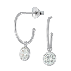Silver Half Hoop Stud Earrings With Hanging Cubic Zirconia - 2540