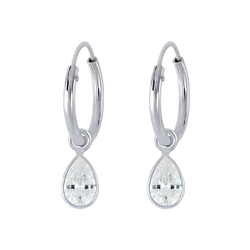 4x6mm Pear Cubic Zirconia Silver Charm Hoop Earrings - 2451