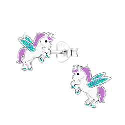 Silver Winged Unicorn Stud Earrings - 3055