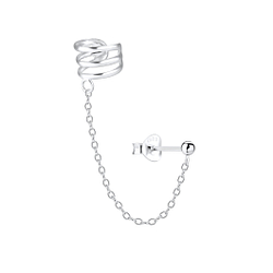 Silver Ball Stud Earring and Triple Line Ear Cuff with Chain - 3210