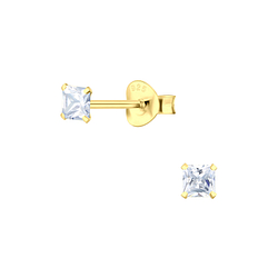 3mm Square Cubic Zirconia Silver Stud Earrings - 3155