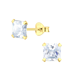 6mm Square Cubic Zirconia Silver Stud Earrings - 3159