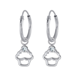 Silver Cupcake Crystal Charm Hoop Earrings - 3137 Silver Cupcake Crystal Charm Hoop Earrings - 3137