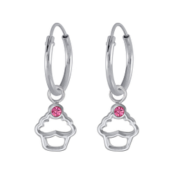 Silver Cupcake Crystal Charm Hoop Earrings - Wholesale - 3137 Silver Cupcake Crystal Charm Hoop Earrings - Wholesale - 3137