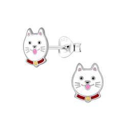 Silver Cat Stud Earrings - 4156