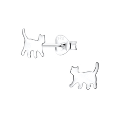 Silver Cat Stud Earrings - 3786