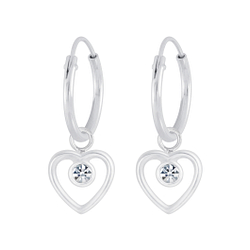 Silver Heart Crystal Charm Hoop Earrings - 4175