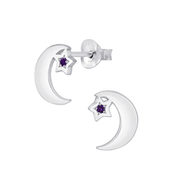 Silver Star Moon Cubic Zirconia Stud Earrings - 4545