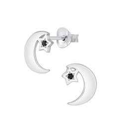 Silver Star Moon Cubic Zirconia Stud Earrings - 4545