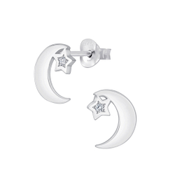 Silver Star Moon Cubic Zirconia Stud Earrings - 4545