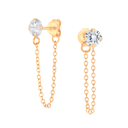 4mm Round Cubic Zirconia Silver Stud Earrings with Chain - 4549