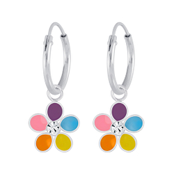 Silver Flower Crystal Charm Hoop Earrings - 4648