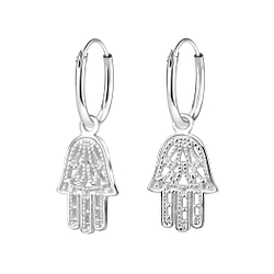 Silver Hamsa Charm Hoop Earrings - 4288