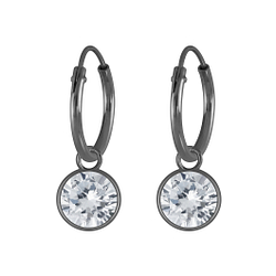 6mm Round Cubic Zirconia Silver Charm Hoop Earrings - 4594