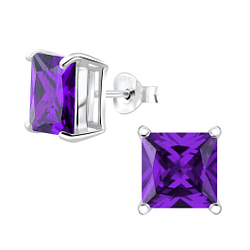 8mm Square Cubic Zirconia Silver Stud Earrings - 4744