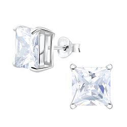 8mm Square Cubic Zirconia Silver Stud Earrings - 4744
