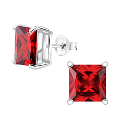 8mm Square Cubic Zirconia Silver Stud Earrings - 4744