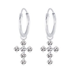 Silver Cross Crystal Charm Hoop Earrings - Wholesale - 5167