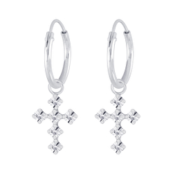 Silver Cross Crystal Charm Hoop Earrings - 5167