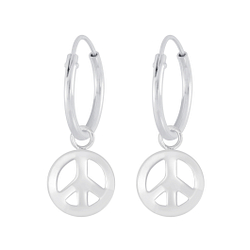 Silver Peace Symbol Charm Hoop Earrings - 4964