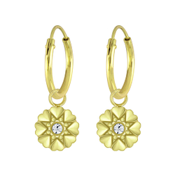 Silver Flower Crystal Charm Hoop Earrings - 5715