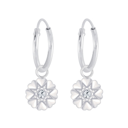 Silver Flower Crystal Charm Hoop Earrings - 5700