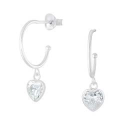 Silver Half Hoop with Hanging Heart Stud Earrings - 5726