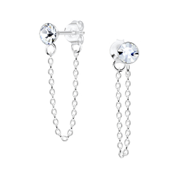 4mm Crystal Silver Stud Earrings with Chain - 5684