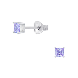 3mm Square Cubic Zirconia Silver Stud Earrings - 2052
