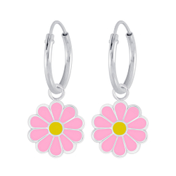 Silver Daisy Flower Charm Hoop Earrings - 6026