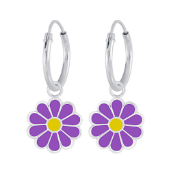 Silver Daisy Flower Charm Hoop Earrings - 6273