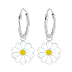 Silver Daisy Flower Charm Hoop Earrings - 6020