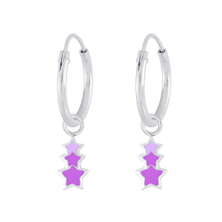 Silver Triple Star Charm Hoop Earrings - 6220