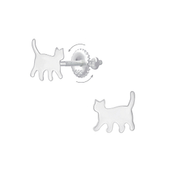 Silver Cat Screw Back Earrings - 6285