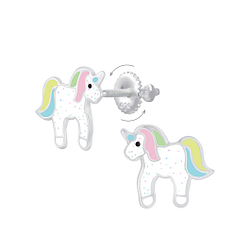 Silver Unicorn Screw Back Earrings - 6324