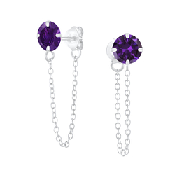 6mm Round Cubic Zirconia Silver Stud Earrings with Chain - Wholesale - 6204 6mm Round Cubic Zirconia Silver Stud Earrings with Chain - Wholesale - 6204