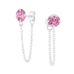 6mm Round Cubic Zirconia Silver Stud Earrings with Chain - Wholesale - 6204 6mm Round Cubic Zirconia Silver Stud Earrings with Chain - Wholesale - 6204
